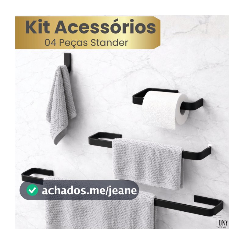 Kit Acessórios Para Banheiro Stander Quadrado Preto 04 Peças Metal Papeleira Porta Toalhas e Cabide