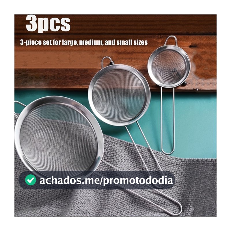 Kit 3 Peças Peneira Coador Em Aço Inox Para Cozinha - 3 Tamanhos P M G 8/10/12 cm