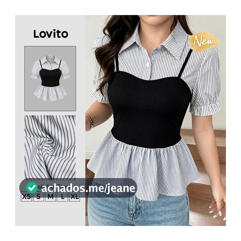 (New Arrival) Lovito Blusa Preta Elegante Listrada De Manga Curta Com Gola Efeito 2 Em 1 Pregas E Botões Para Trabalho Para Mulheres Primavera/verão BLB207P1D062