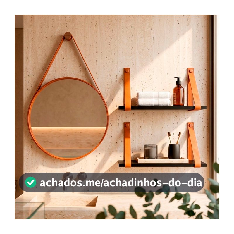Kit Banheiro Espelho Redondo 60cm + Kit 2 Prateleiras Suspensa Com Alça Espelho Para Banheiro Quarto