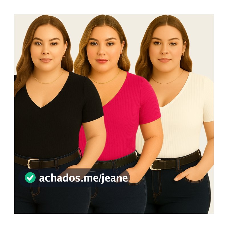 Kit com 3 blusas plus size decote v básica feminina