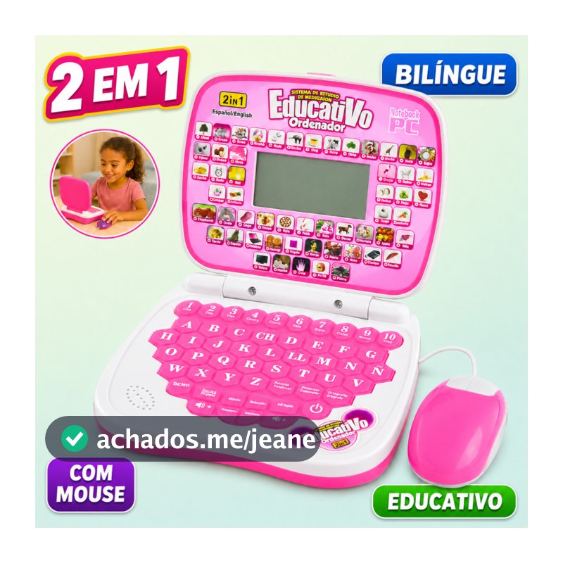 Laptop Infantil Bilíngue com Mouse Brinquedo Educativo 3 Anos Menina Rosa Mini