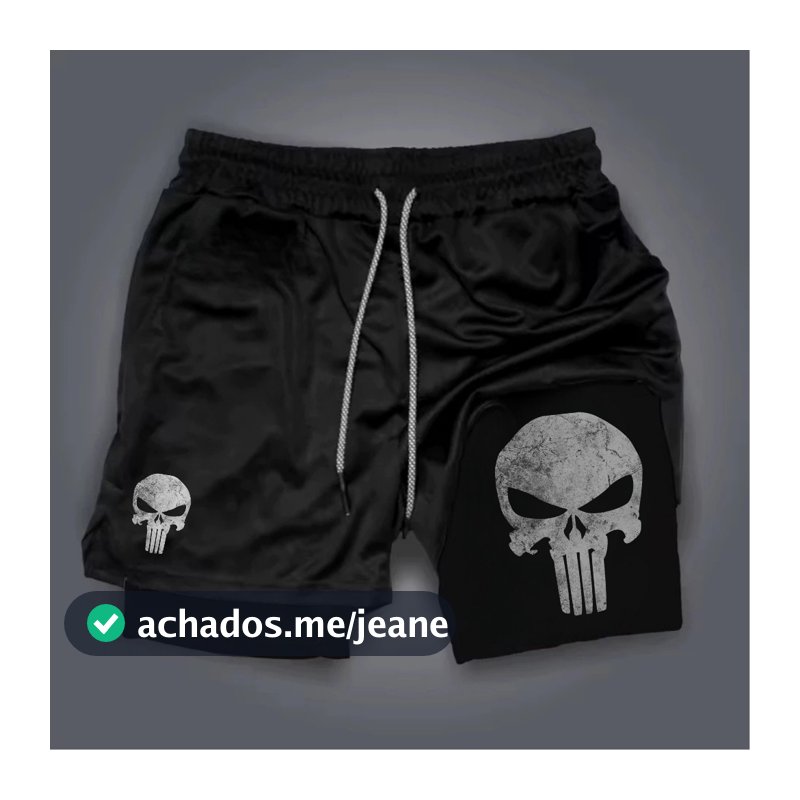 Shorts Bermuda 2 em 1 Masculina Academia Corrida Treino Fitness Muay Thai Jiu Jitsu Crosfit Compressão Arnold caveira