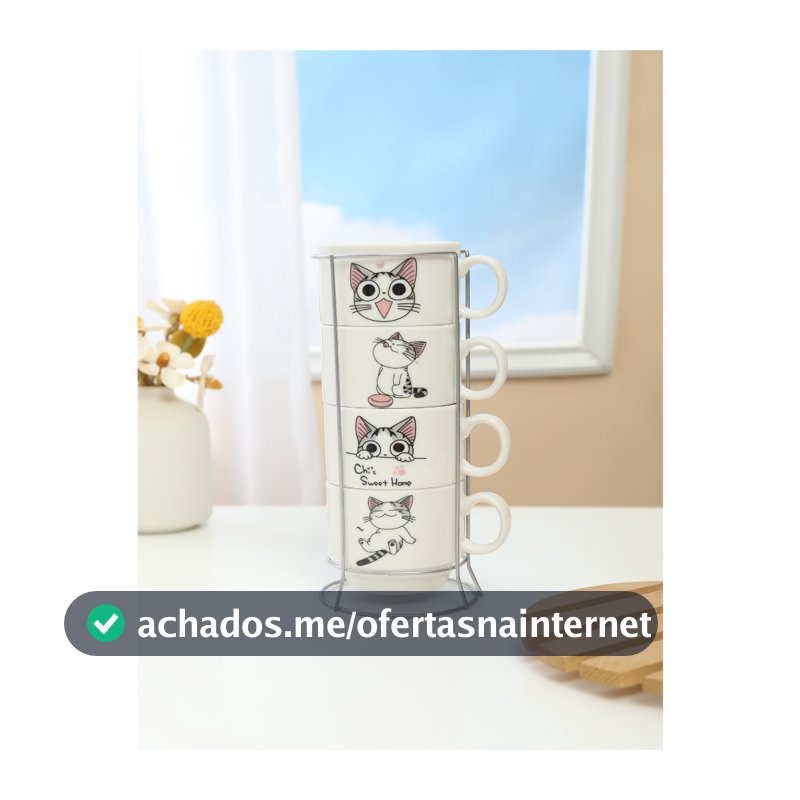 Kit 4 Xícaras Cerâmicas + 1 Suporte Torre de Metal 160ml - Pets/Gatinhos