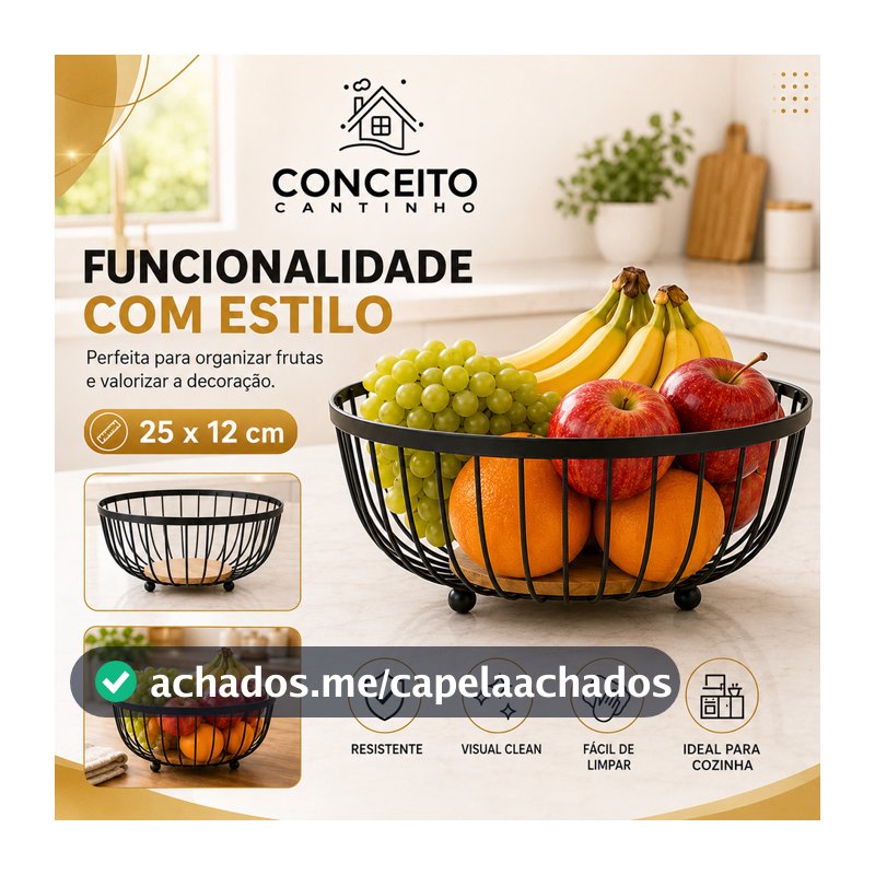 Fruteira de Mesa ou Bancada Rustica de Ferro e Bambu para Café da Manhã de Metal Preto Multiuso