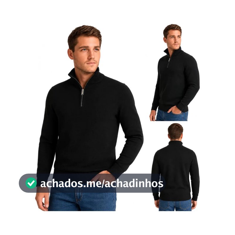 Moletom Masculino Slim Gola Alta com Zíper Premium Casual Inverno