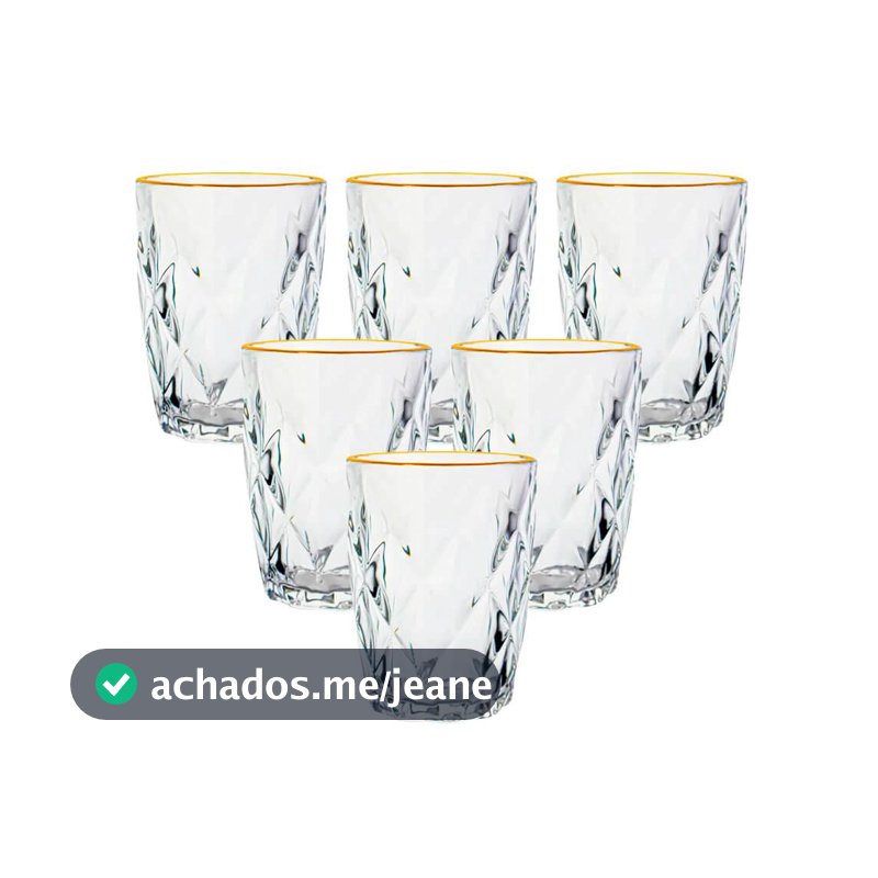 Jogo De Copos De Vidro Diamond Fio De Ouro 270ml 6 Peças - Lyor