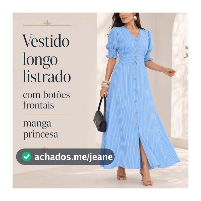 Vestido Longo Feminino Listrado com Botões Decote V Manga Princesa Tecido Duna