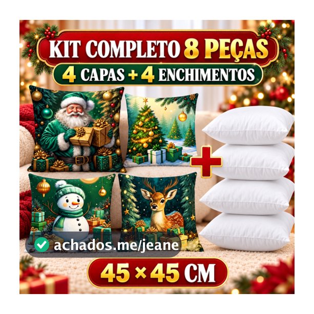 Kit 8 Peças Natal 4 Capas + 4 Enchimentos 45x45 Almofadas Completas Papai Noel Decoração Sofá Sala