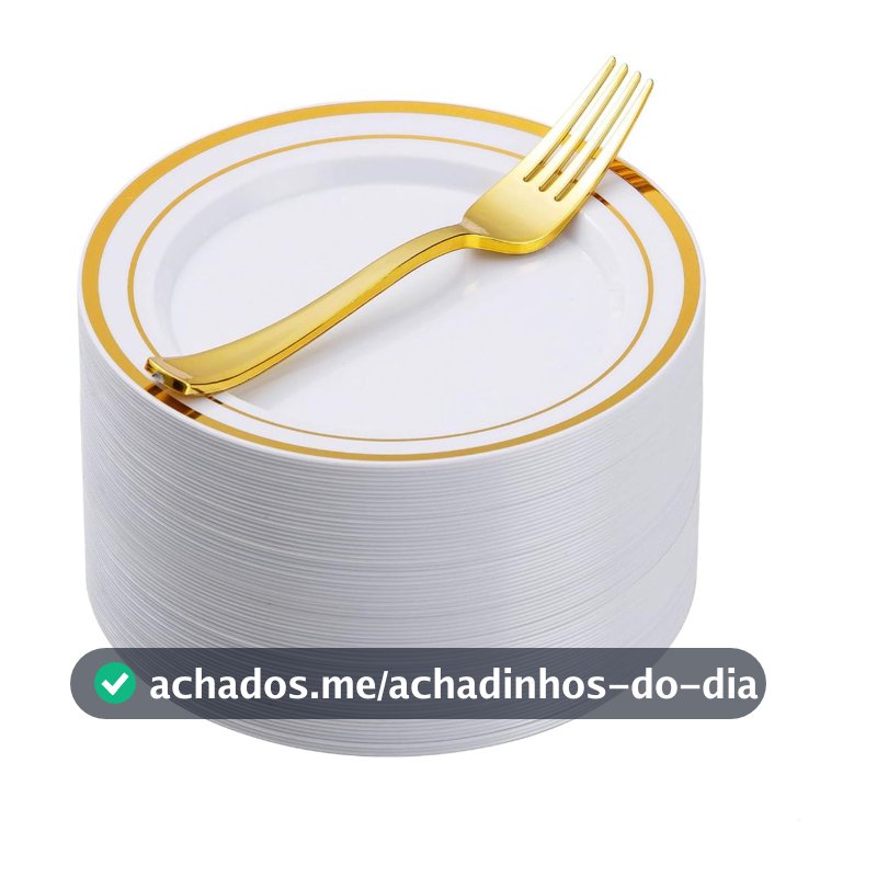 Kit 100 Peças, descartáveis pratos de sobremesa de ouro com garfos de plástico Set, Conjunto de Festas 50Convidados