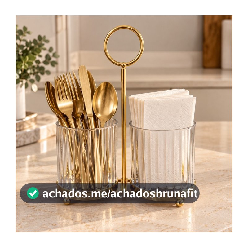Organizador Porta Talheres e Guardanapos em Acrílico com Suporte Dourado e Alça para Mesa e Cozinha