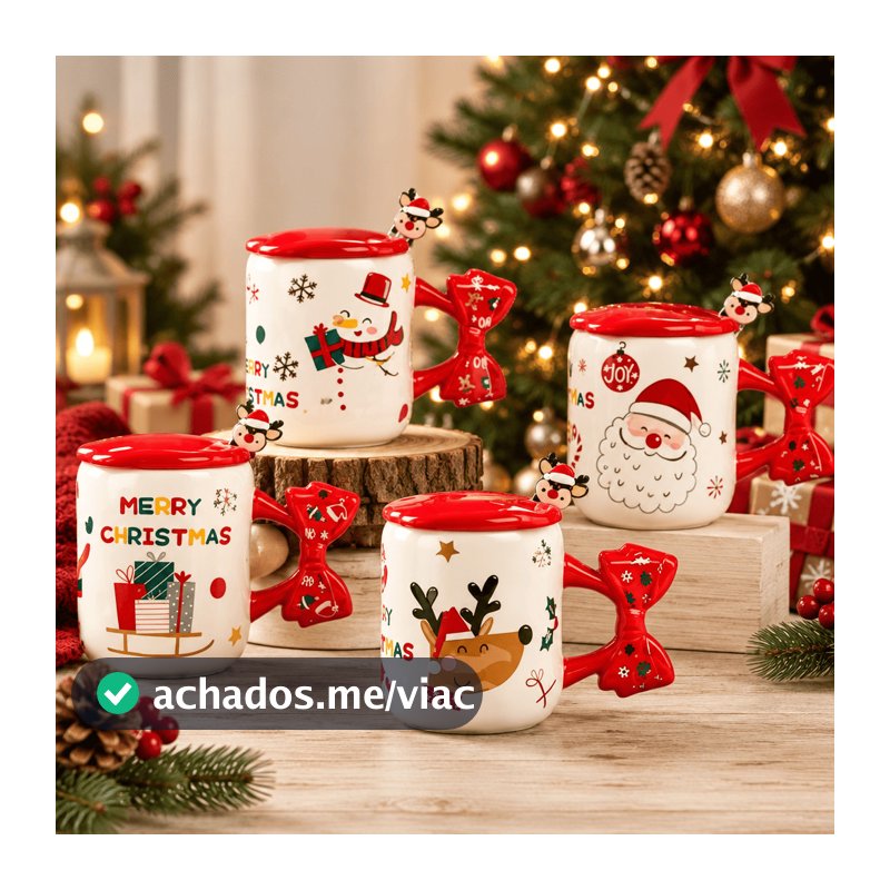 Conjunto de Xicara Natal 350ml Cerâmica Tampa e Mexedor