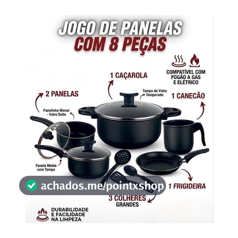 Jogo de panelas com 8 peças - Antiaderente - Preto ou Cereja