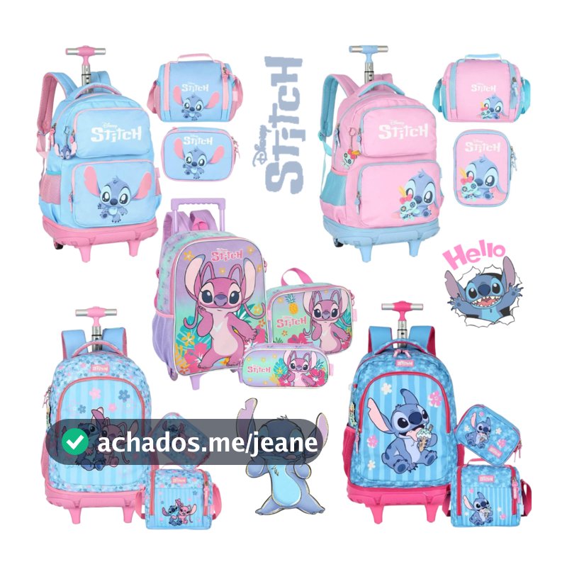 Kit Escolar Stitch Menina Original Escolar Rodinha Lancheira e Estojo
