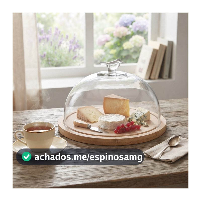 Queijeira Wolff Bird com Tampa de Vidro e Base de Bambu 20cm Porta Queijo para Frios e Petiscos Mesa Posta Café da Manhã