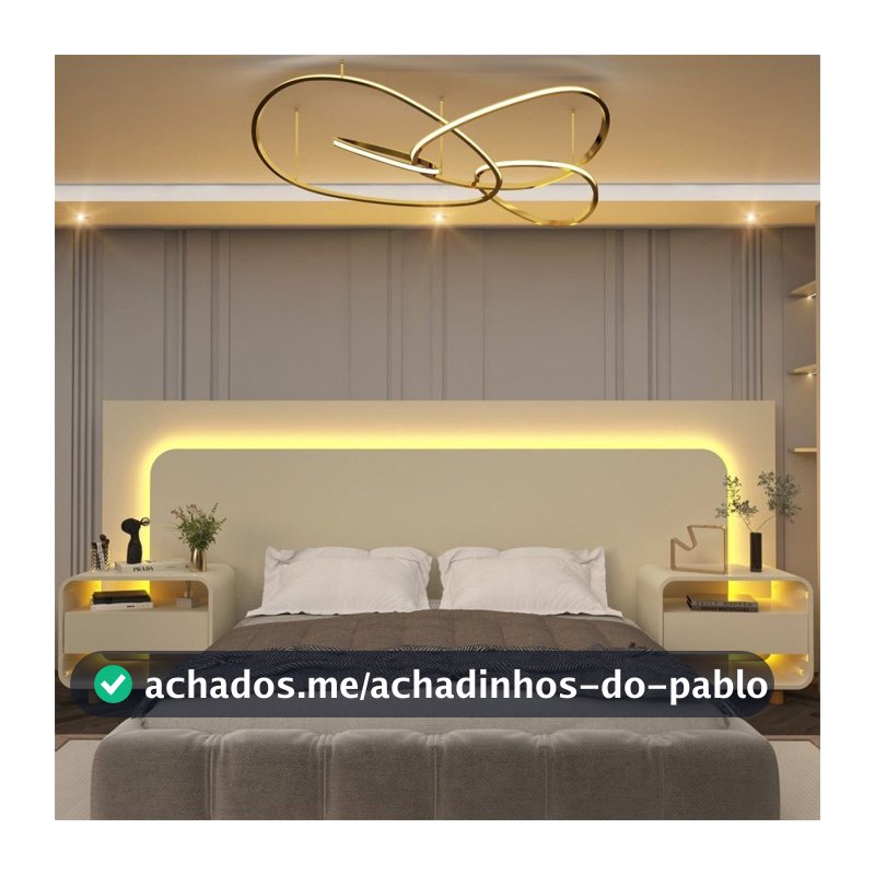 Cabeceira Box Casal com 2 Mesas de Cabeceira com LED Innova 100% MDF Branco Off White