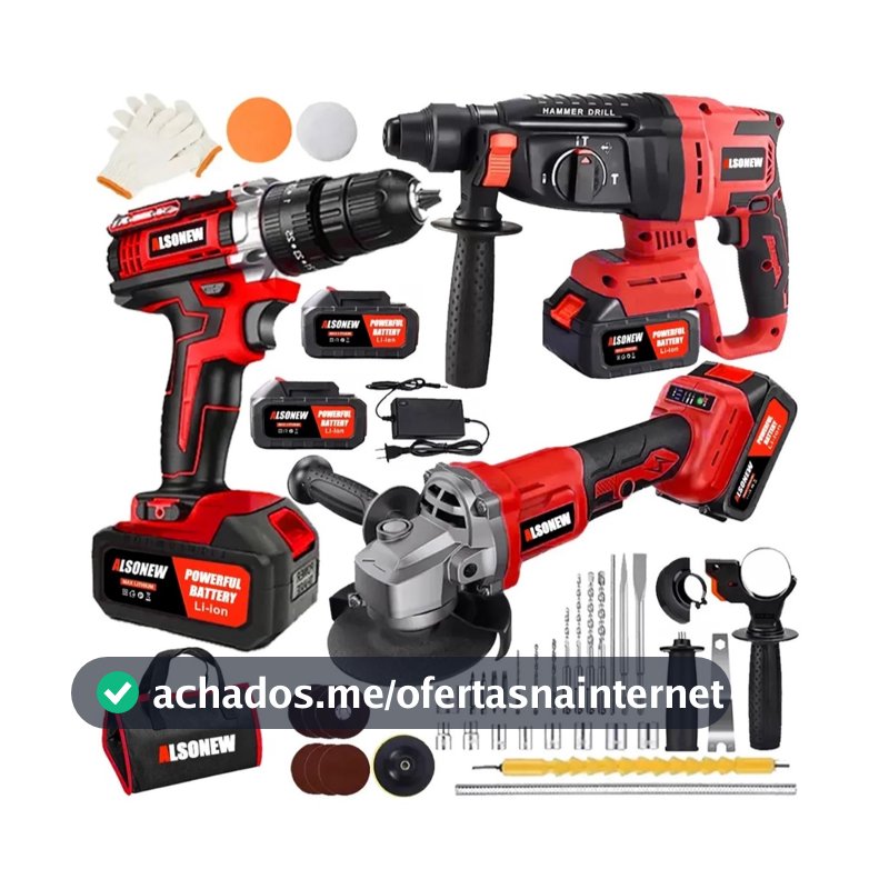 ALSONEW Kit Ferramentas Sem Fio, 4 Modelos: Chave Impacto, Furadeira, Catraca, Martelete Esmerilhadeira