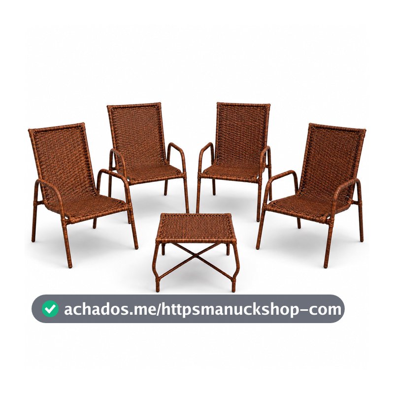 Kit Mesa + 4 Cadeiras Junco Sintético Jardim Área Externa Piscina Varanda Sacada Confortável
