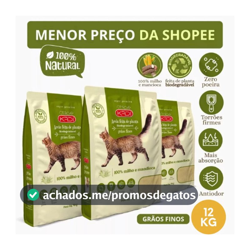 Areia Biodegradável Kadi Grãos Finos Gato 12 KG Grão Cat Milho Mandioca Bio (3 pacotes de 4 kg)