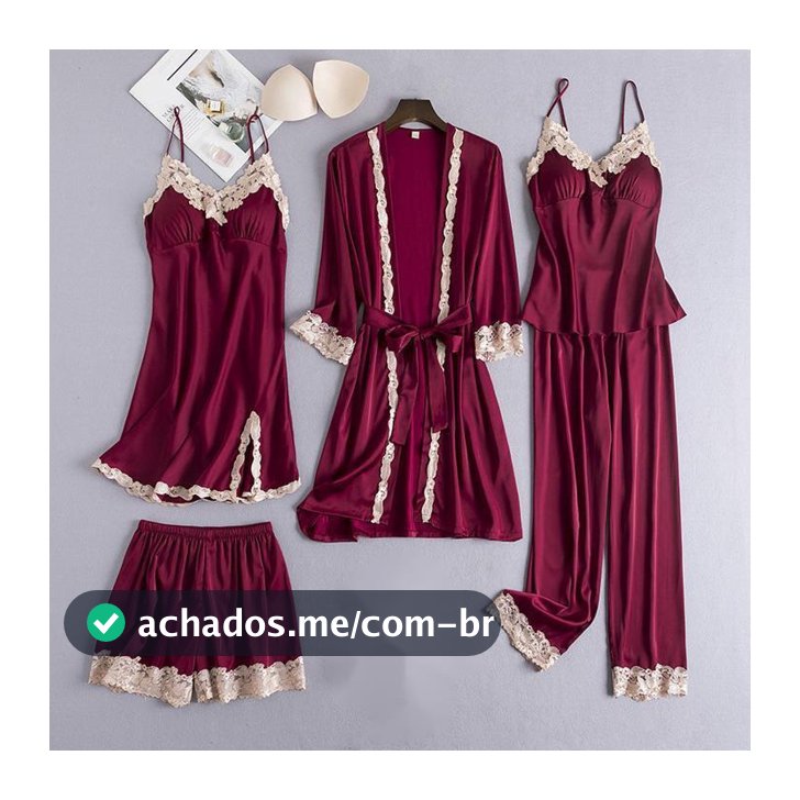 Moda 5 Pcs Conjunto Pijama Mulher Com Peito Renda De Seda Sexy Sleepwear
