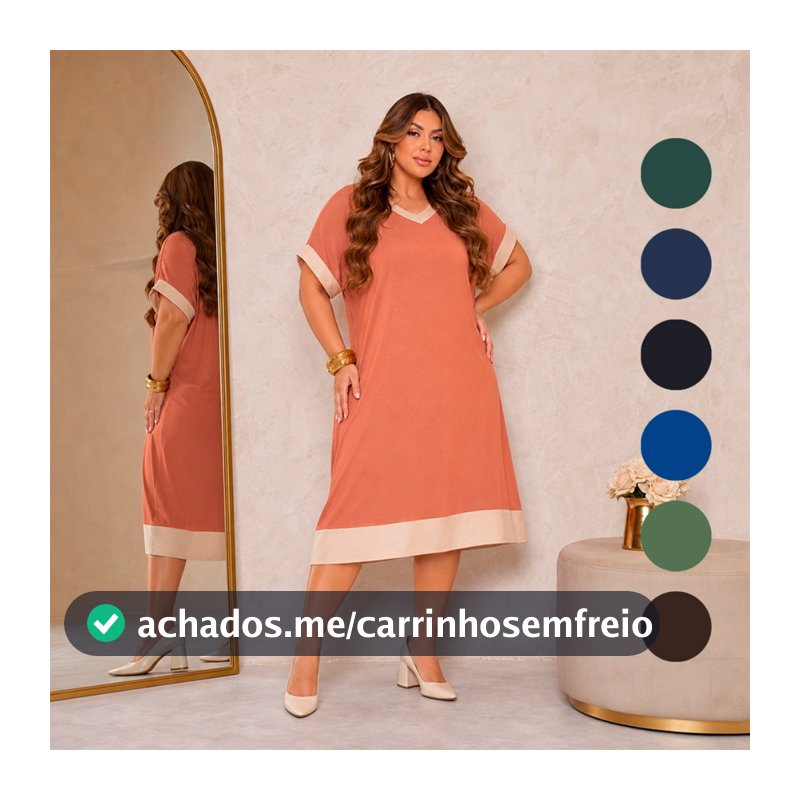 Vestido Sophia Feminino Midi Viscolycra Bicolor Decote V Plus Size Casual Moda Leve Confortável Verão