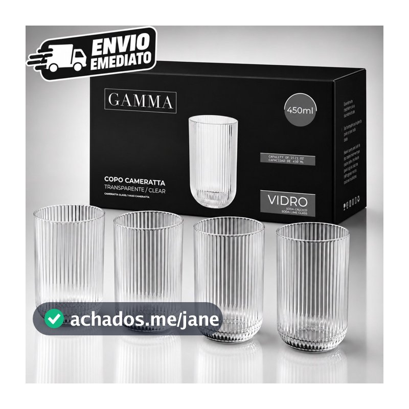 Jogo 4 Copos Canelados Cameratta 450ml de Vidro Transparente e Resistente