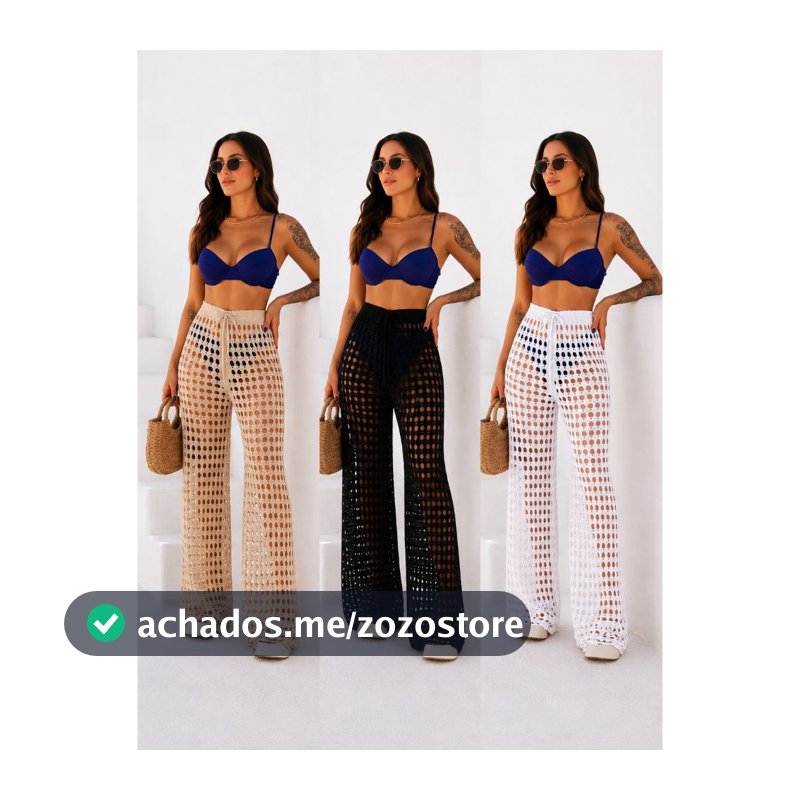 Calça Feminina Saída de Praia Tricô Crochê Slim e Plus Size Moda Verão Praia Piscina 2026