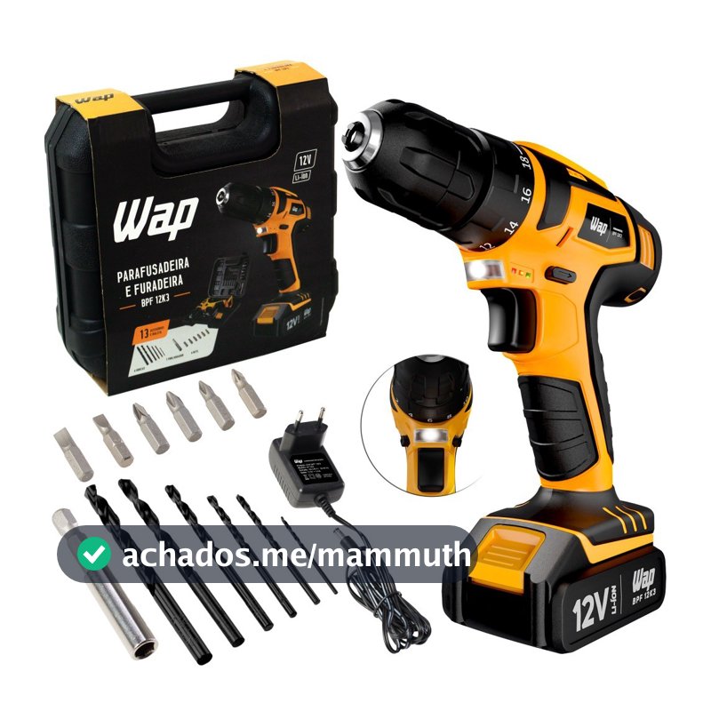 Furadeira Parafusadeira 3/8" a bateria 12V com kit de brocas e bits - BPF 12K3 - Wap