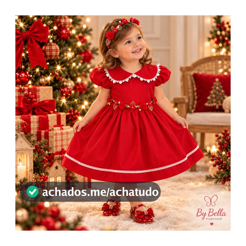 VESTIDO VERMELHO COM CINTO E TIARA NATAL MENINA INFANTIL