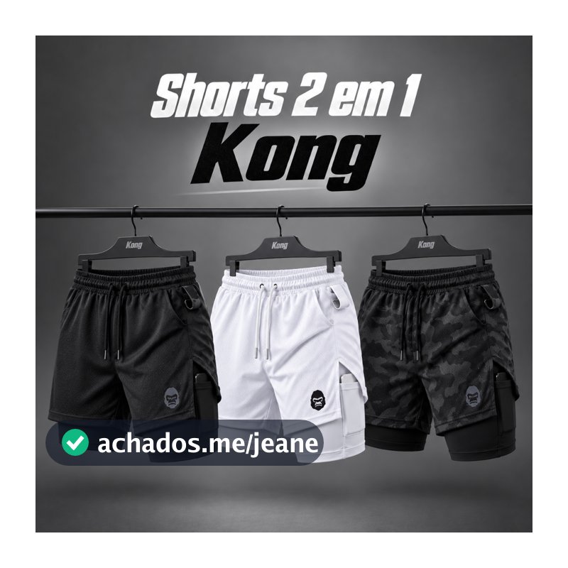 Bermuda Masculina 2 em 1 Academia Corrida Fitness Compressão com Bolso para Celular Kong