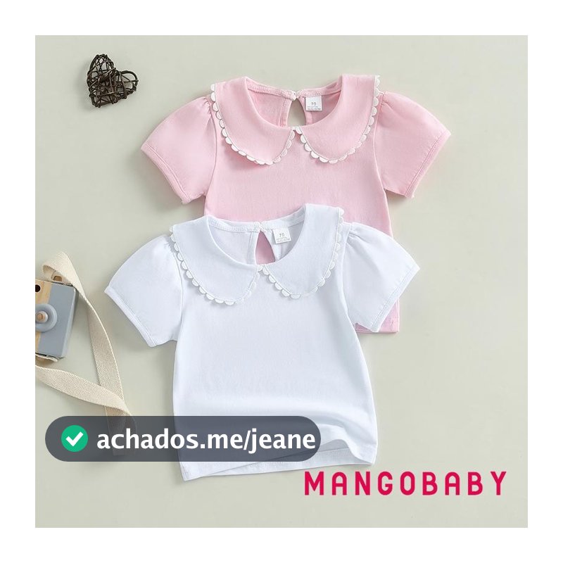 Mango-Toddler Girl Verão Doce Camiseta Contraste Cor Manga Curta Gola Boneca Tops Casuais