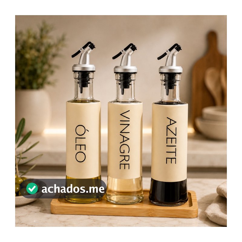 Kit Galheteiro Completo Com Bandeja Azeiteiro Vinagreiro E Óleo De Vidro 310 Ml Com Bico Dosador