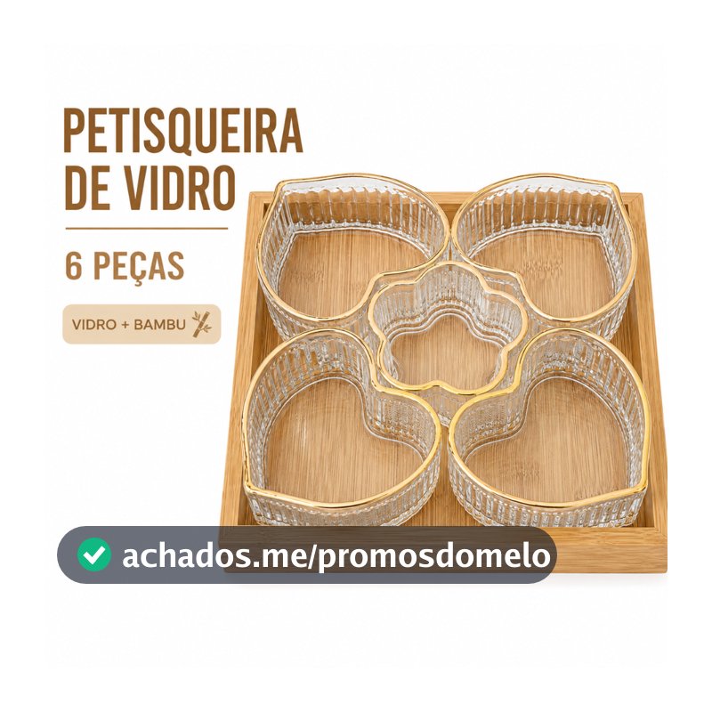 Petisqueira de Vidro 6 Peças com Bandeja de Bambu Tigelas Coração e Flor para Petiscos Doces e Frutas