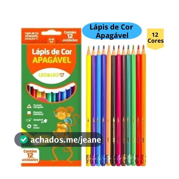 Lápis de Cor Apagável 12 Cores Triangular Com Borracha Escolar Infantil Leo&Leo