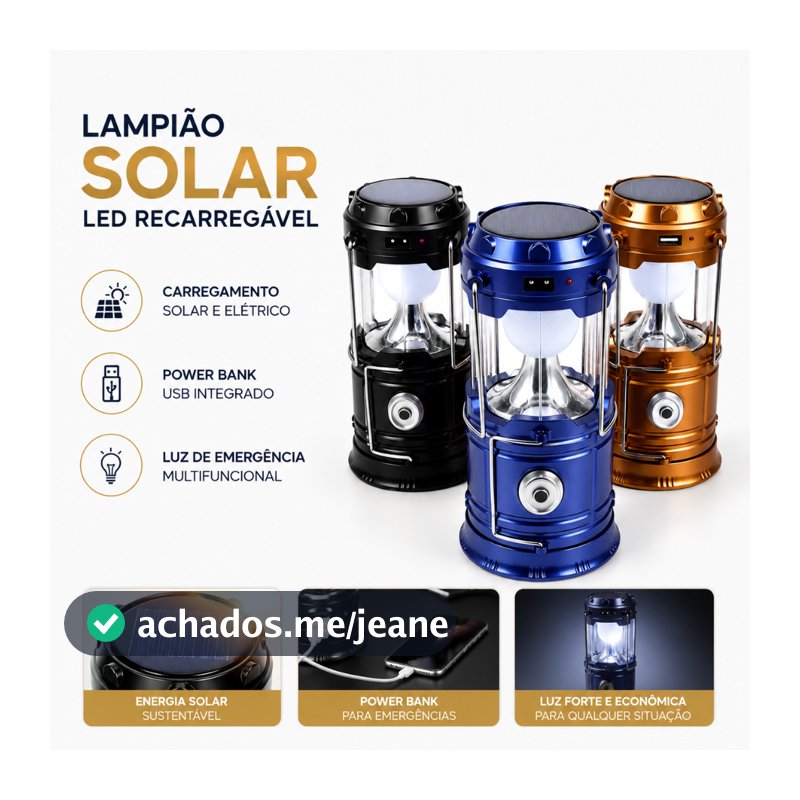 Lampião Solar LED Recarregável Camping Lanterna USB Luz Emergência Power Bank Portátil
