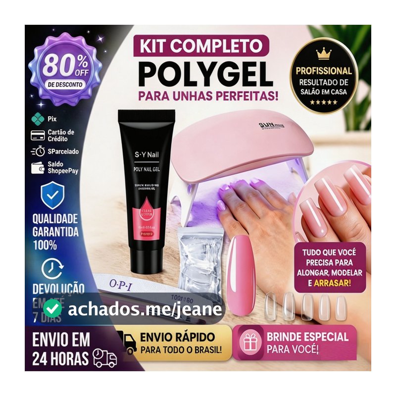 Kit Completo Unhas de Gel Poly Nail Gel 15g + Moldes + Cabine UV SUN Mini Profissional Iniciantes