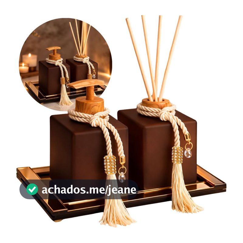 Kit Lavabo Completo Difusor Aromatizador e Sabonete Líquido Bandeja Decorativa Marrom Fosco