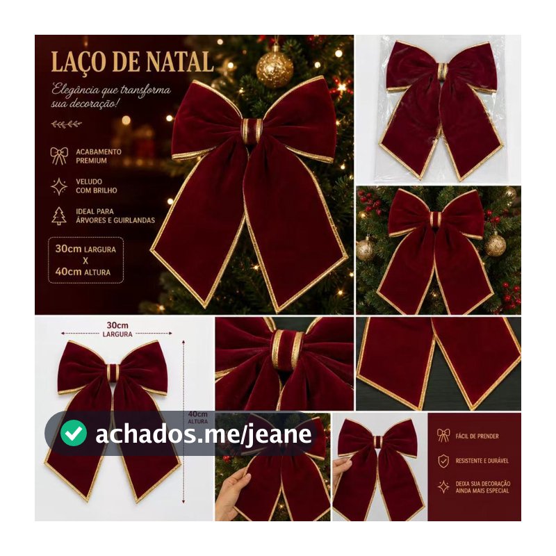 Laço de Natal Grande 30x40cm Vermelho com Borda Dourada Veludo para Árvore Decoração Natalina Portaria entrada