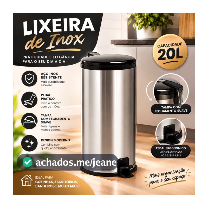 Lixeira Inox 20l Pedal - Tampa Antiodor Tampa Preta
