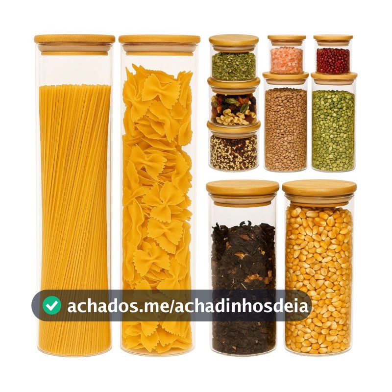 Kit 11 Potes Herméticos de Vidro com Tampa de Bambu para Cozinha Mantimentos Alimentos