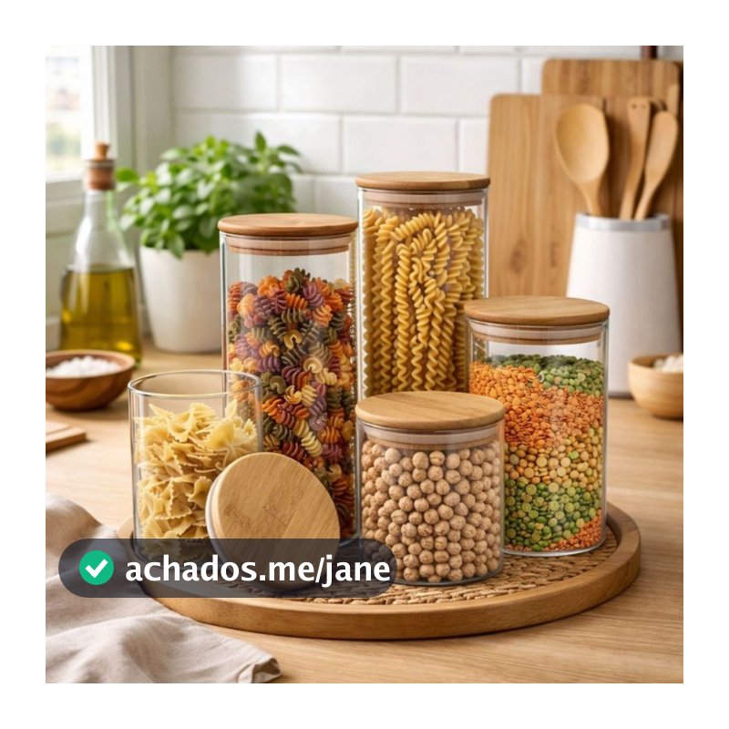 Conjunto 5 Potes Grande Organizador Hermético Vidro Em Bambu