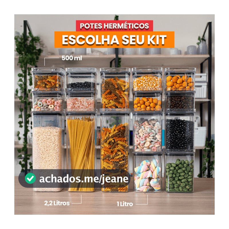 Escolha Seu Kit Potes Herméticos para Mantimentos de Cozinha Alimentos Armário Acrílico Plástico