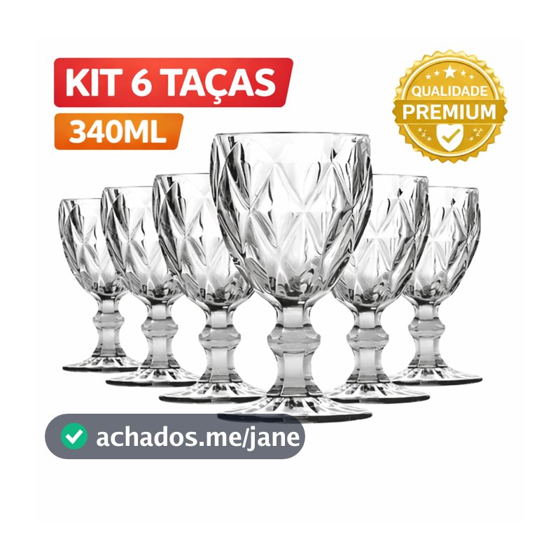 Jogo Taças de Vidro Diamante Bico de Jaca 340ml 6 Peças Premium Mesa Posta Luxo