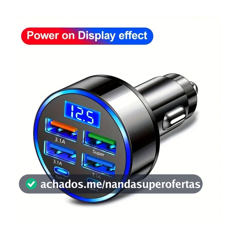 Carregador veicular turbo 6 portas USB Tipo C Display com voltagem