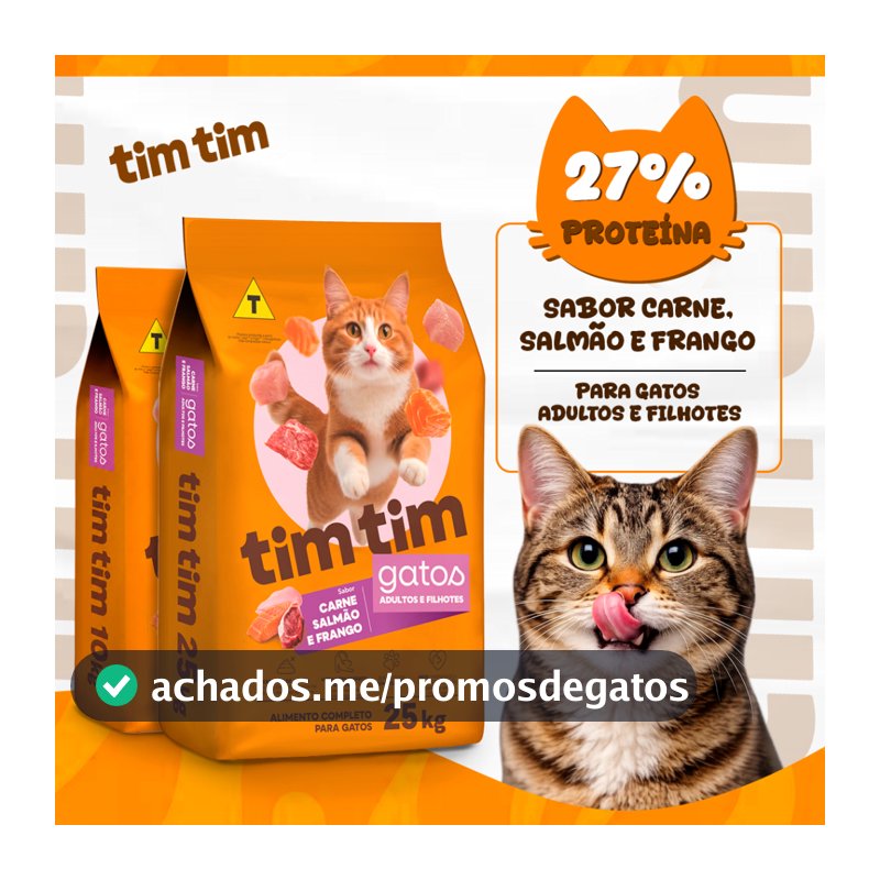 Ração Gato Filhote Adulto 25kg ou 10kg Tim Tim Cat Premium Sabor Salmão Carne Frango 27% Proteína