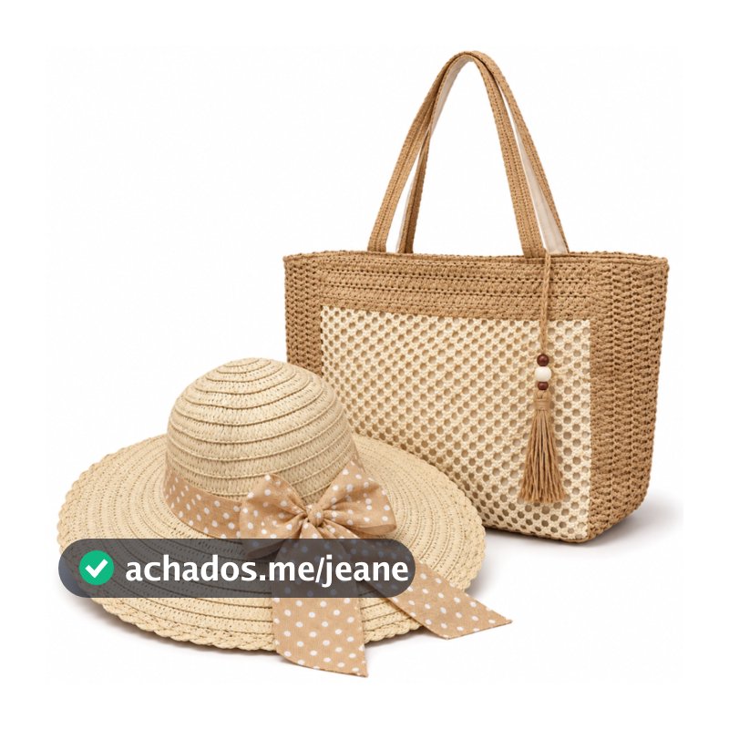 Kit Bolsa Grande E Chapéu Aba Larga com Laço Luxo Praia Verão Resort Elegante