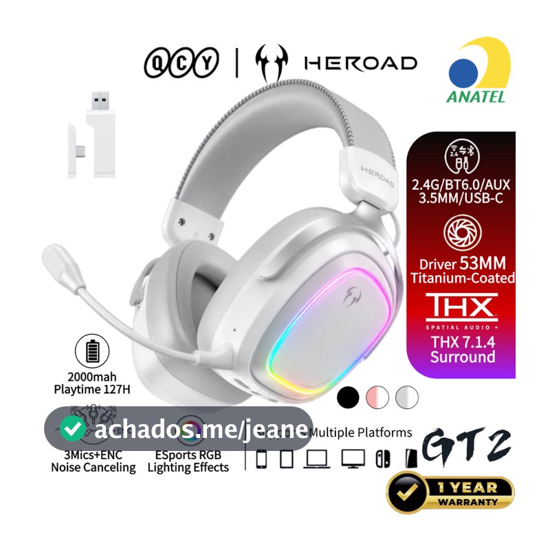 QCY Headset Gamer Sem Fio HEROAD GT2 RGB Bluetooth 6.0 2.4GHz THX 7.1 ENC Mic 127H Bateria PC PS5 Switch