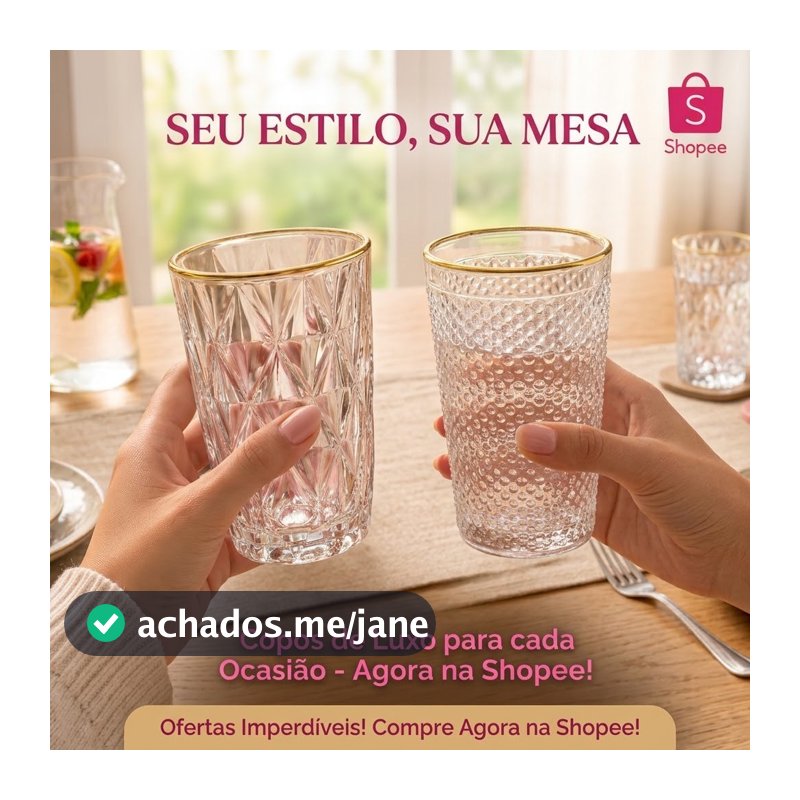 Jogo 6 Copos Vidro Borda Dourada 350ml Diamond ou Imperial Mesa Posta Luxo