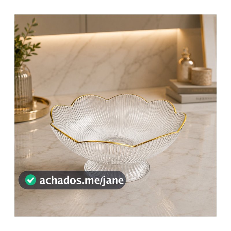 Fruteira Centro De Mesa Transparente Com Borda Dourada Luxo