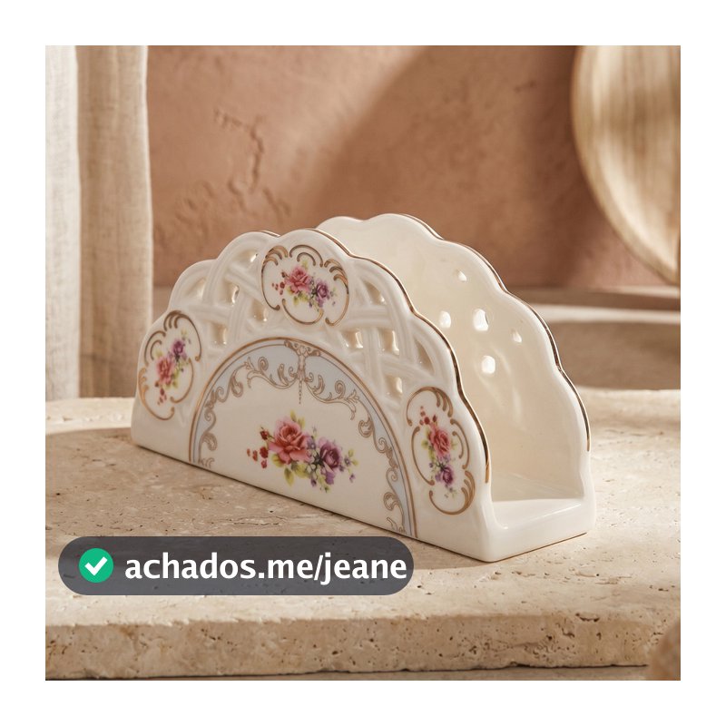 Porta Guardanapo Porcelana New Bone Rosas Floral Vazado Borda Ouro Mon Cheri Mesa Posta Colonial 13c